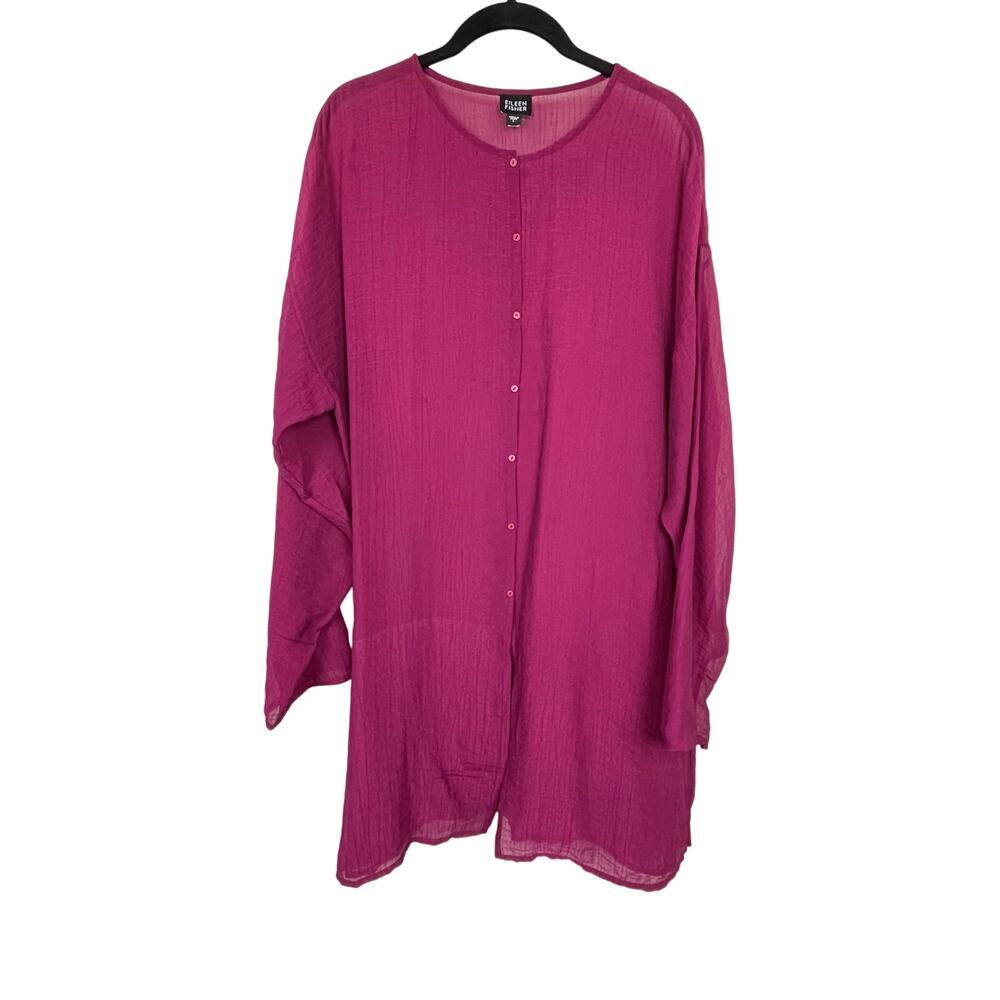 Eileen Fisher Sheer Tunic Button-Up Top L – Berry Pink, Long Sleeve, Layering